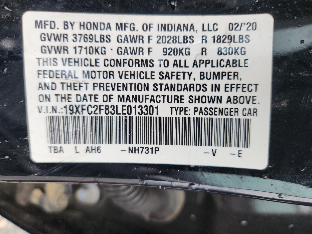 2020 Honda Civic Sport VIN: 19XFC2F83LE013301 Lot: 70949655