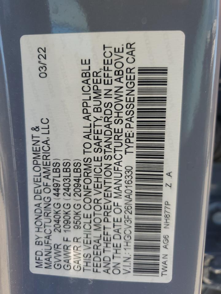 2022 Honda Accord Hybrid Sport VIN: 1HGCV3F26NA016330 Lot: 69920095