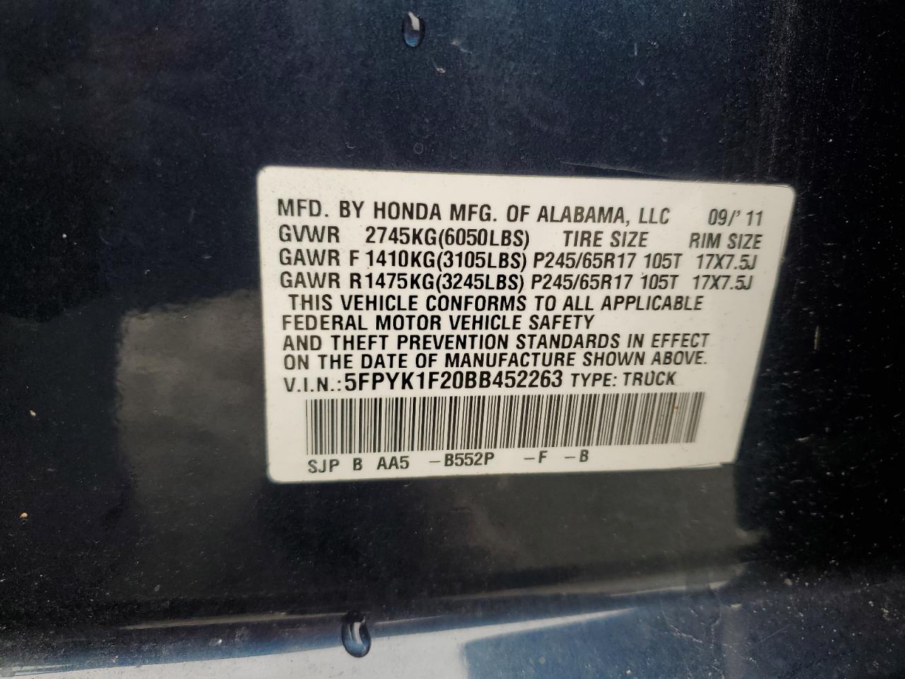 2011 Honda Ridgeline Rt VIN: 5FPYK1F20BB452263 Lot: 67911415