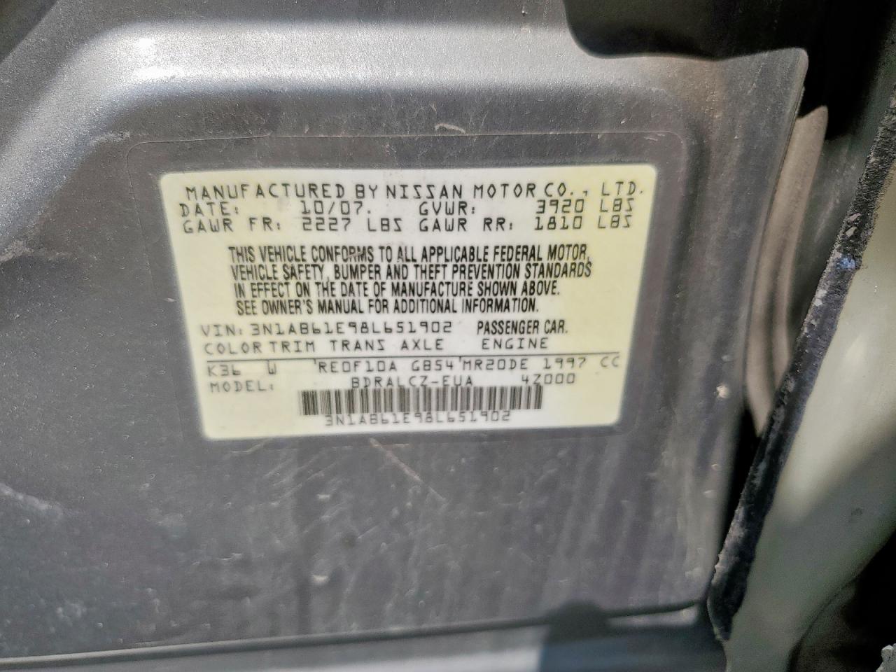 2008 Nissan Sentra 2.0 VIN: 3N1AB61E98L651902 Lot: 71064725