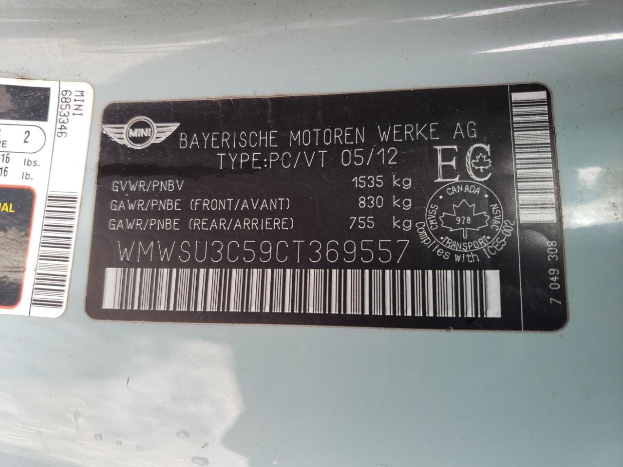 WMWSU3C59CT369557 2012 Mini Cooper