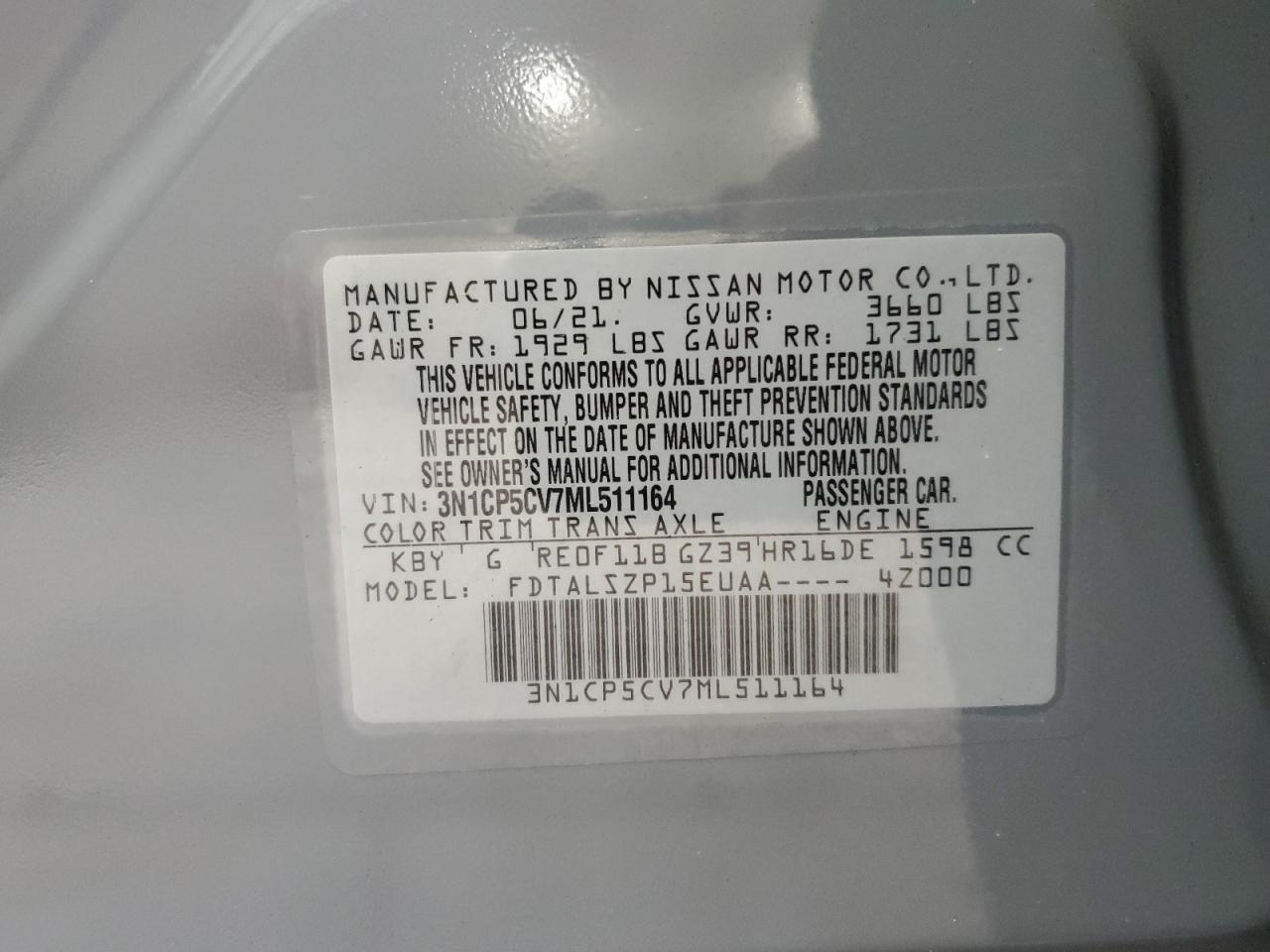 3N1CP5CV7ML511164 2021 Nissan Kicks Sv