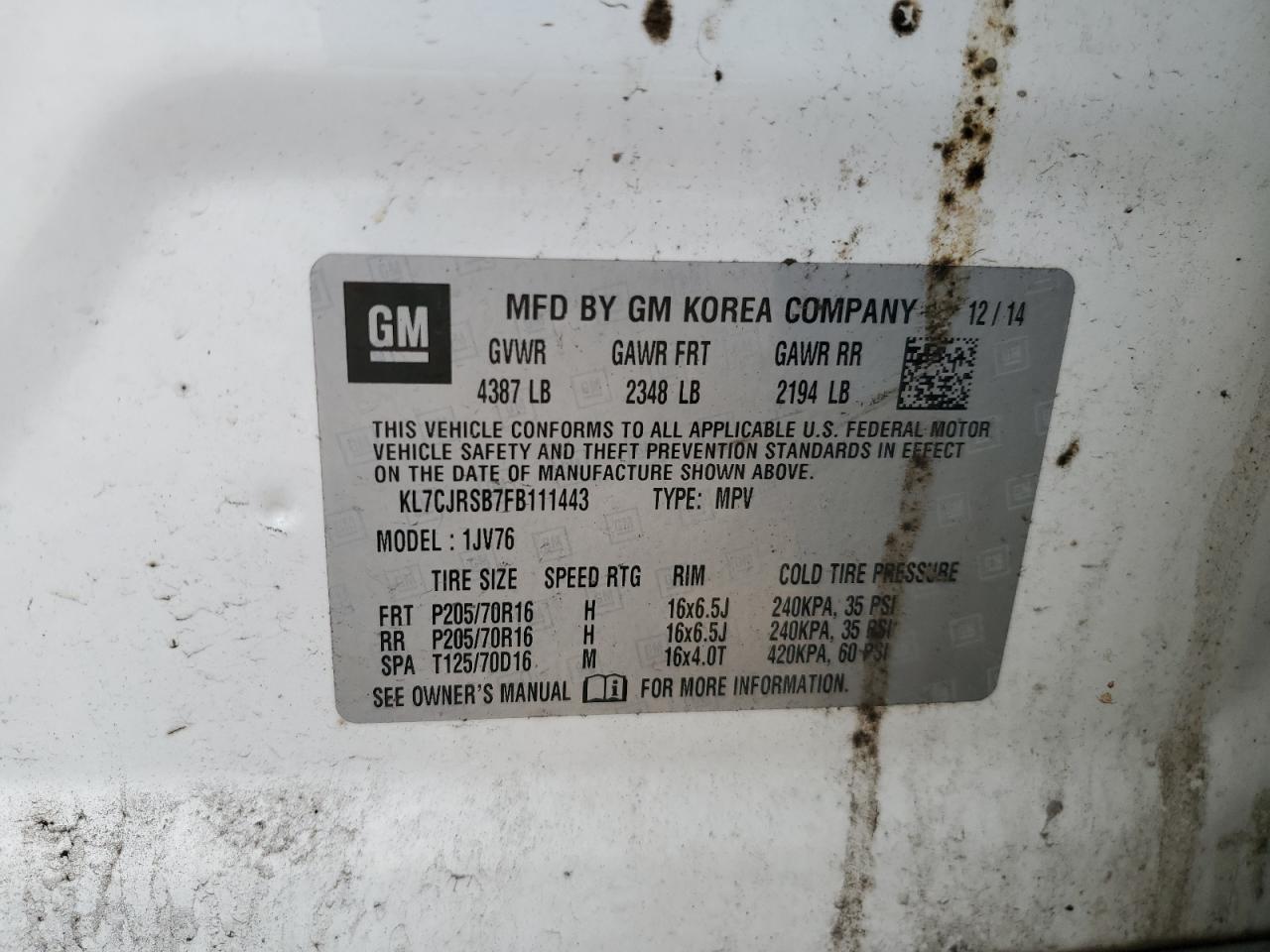 2015 Chevrolet Trax 1Lt VIN: KL7CJRSB7FB111443 Lot: 69103095