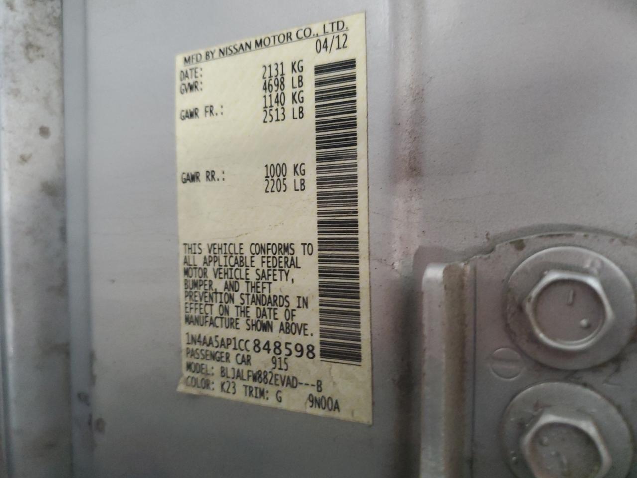 2012 Nissan Maxima S VIN: 1N4AA5AP1CC848598 Lot: 67483645