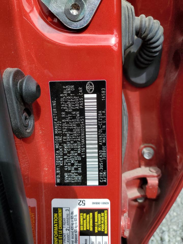 2022 Toyota Camry Se VIN: 4T1G11AK6NU025451 Lot: 68883575