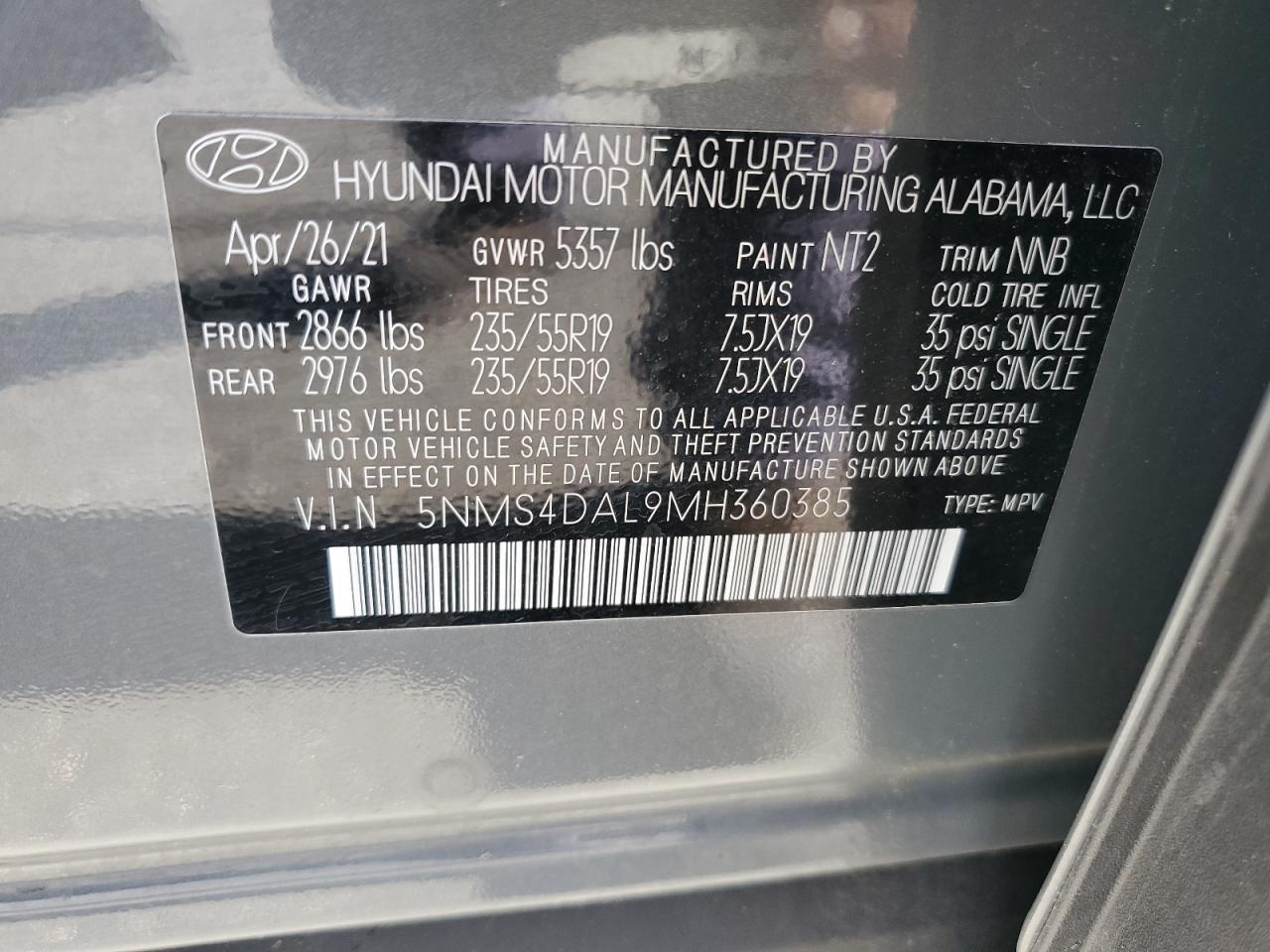 2021 Hyundai Santa Fe Limited VIN: 5NMS4DAL9MH360385 Lot: 69620425