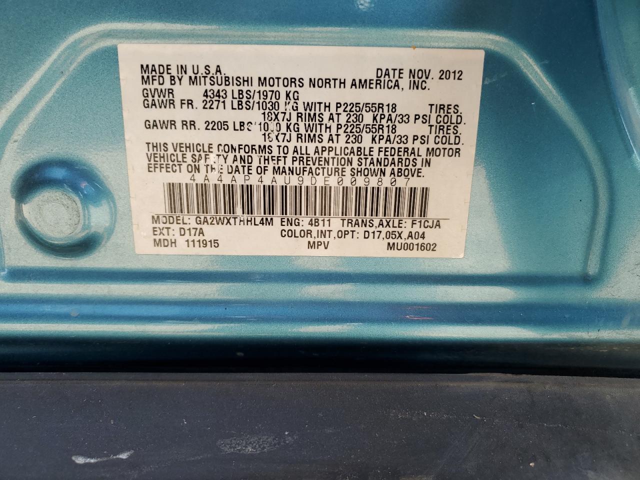 2013 Mitsubishi Outlander Sport Se VIN: 4A4AP4AU9DE009807 Lot: 67302795