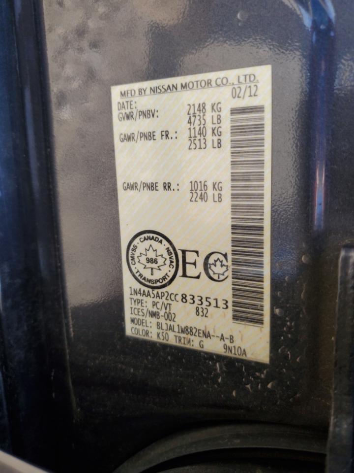 2012 Nissan Maxima S VIN: 1N4AA5AP2CC833513 Lot: 69017865