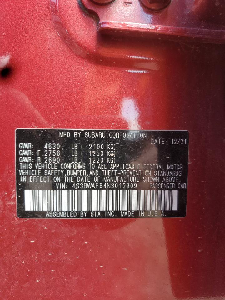 2022 Subaru Legacy Premium VIN: 4S3BWAF64N3012909 Lot: 70033665