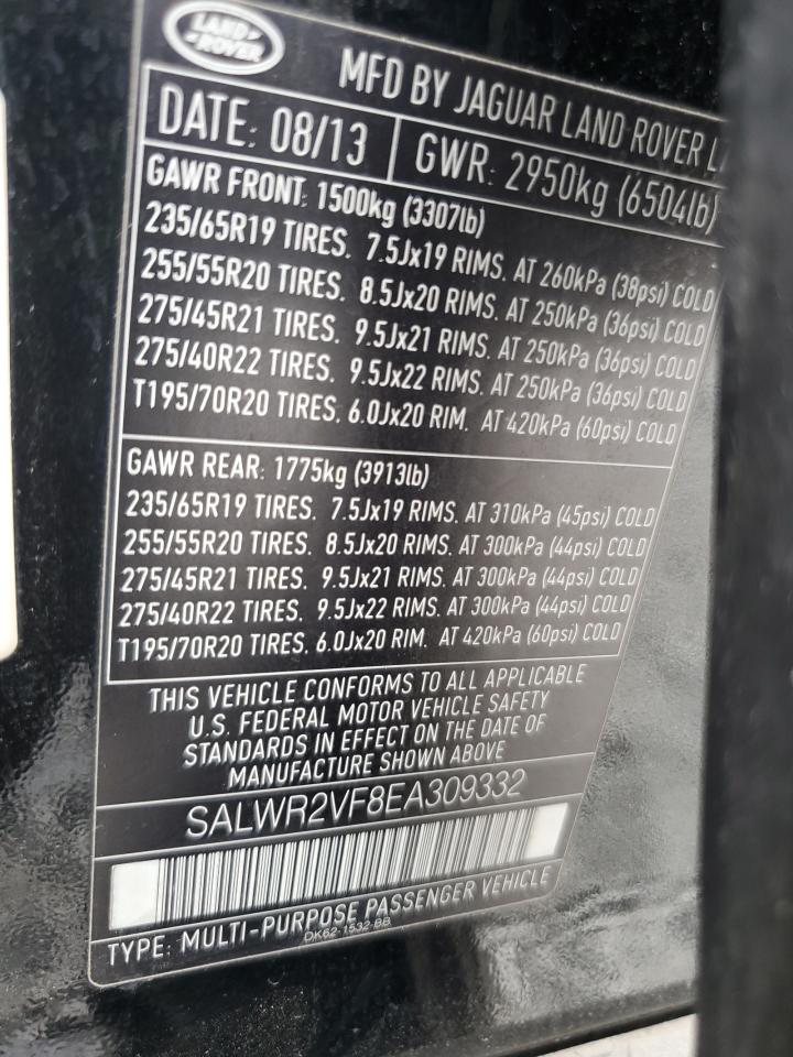 2014 Land Rover Range Rover Sport Hse VIN: SALWR2VF8EA309332 Lot: 68253285