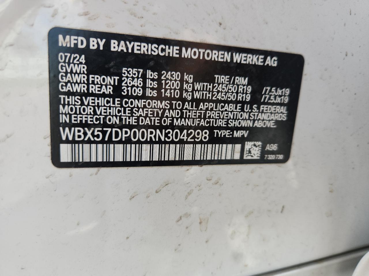 2024 BMW X3 xDrive30I VIN: WBX57DP00RN304298 Lot: 70192075