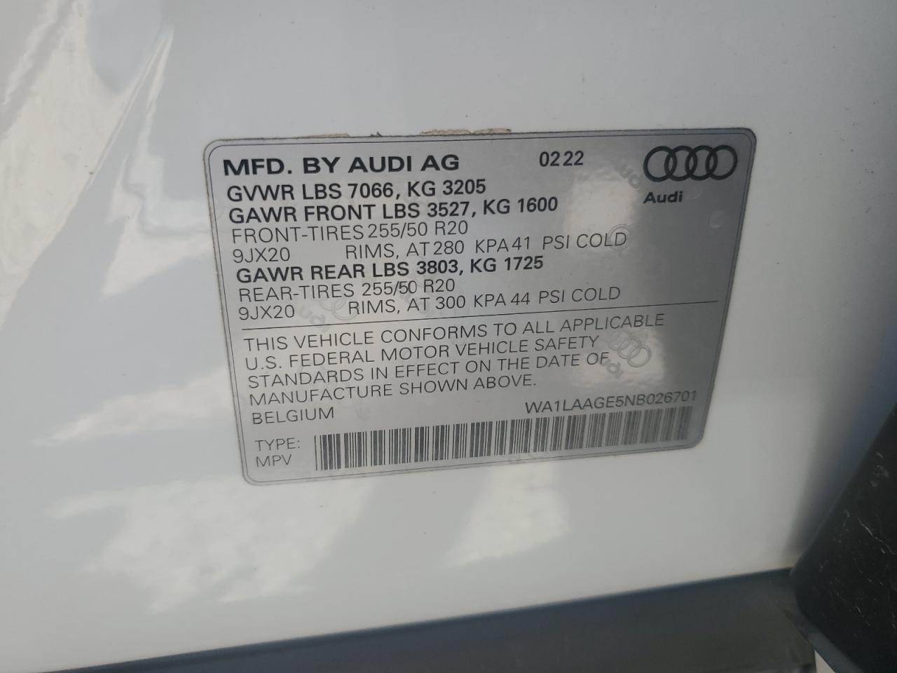 2022 Audi E-Tron Premium Plus VIN: WA1LAAGE5NB026701 Lot: 68017695