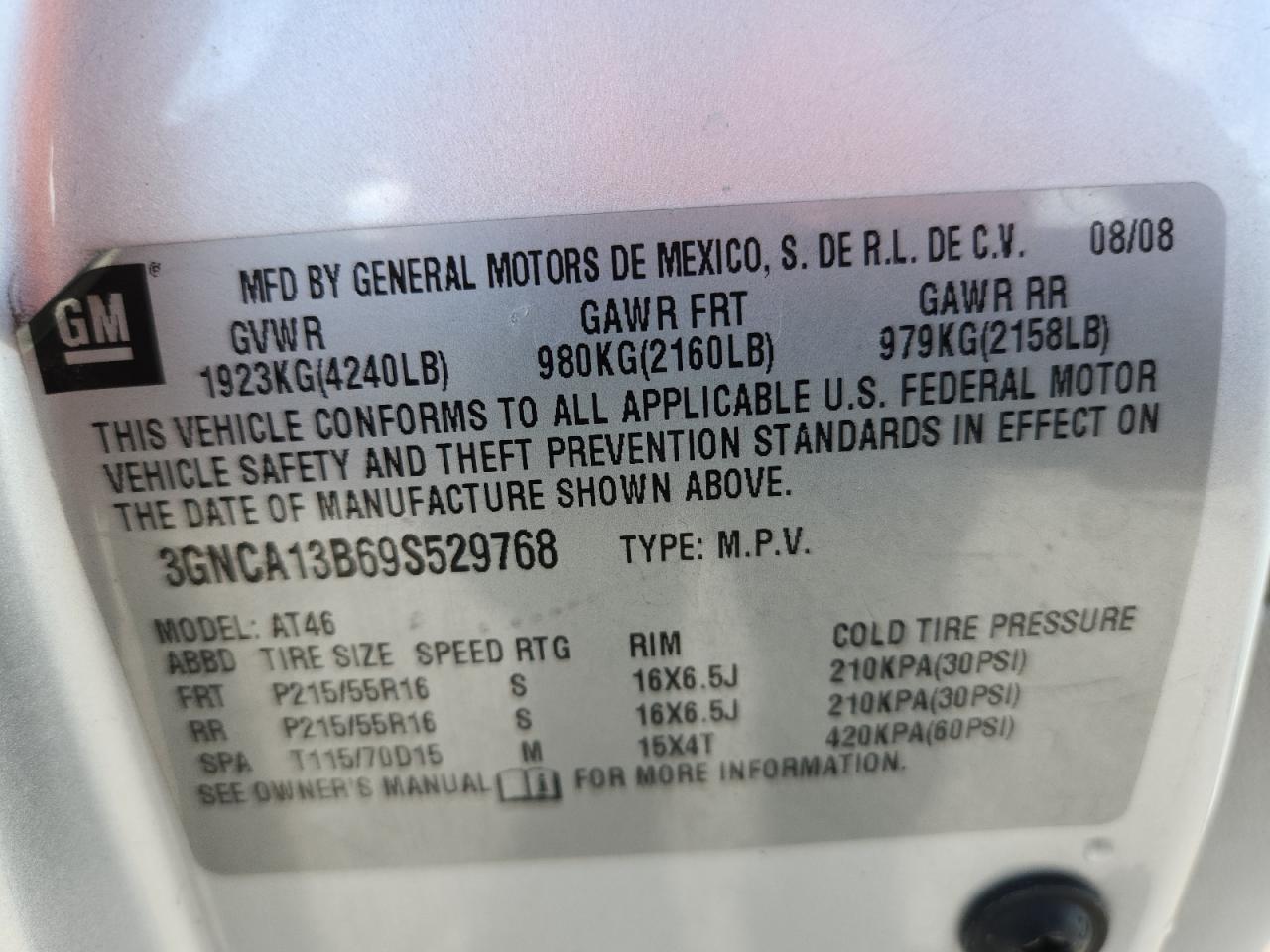 2009 Chevrolet Hhr Ls VIN: 3GNCA13B69S529768 Lot: 70598245