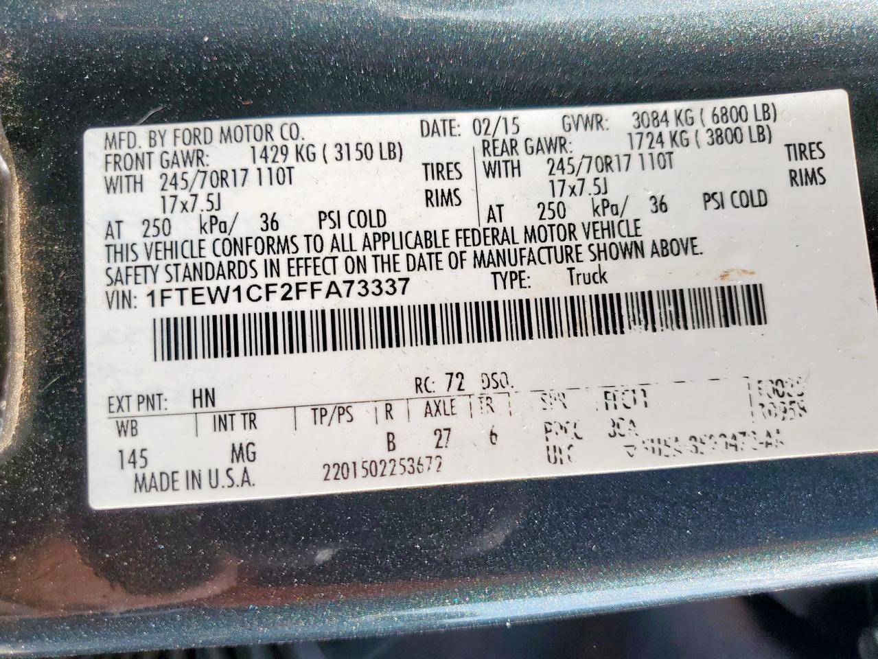 2015 Ford F150 Supercrew VIN: 1FTEX1C80FKF01119 Lot: 69389015