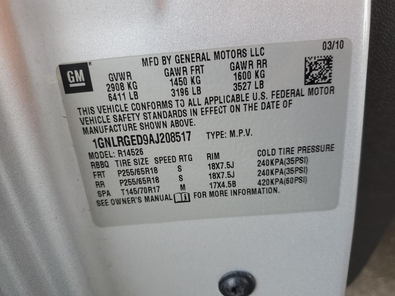 2010 Chevrolet Traverse Lt VIN: 1GNLRGED9AJ208517 Lot: 69244185