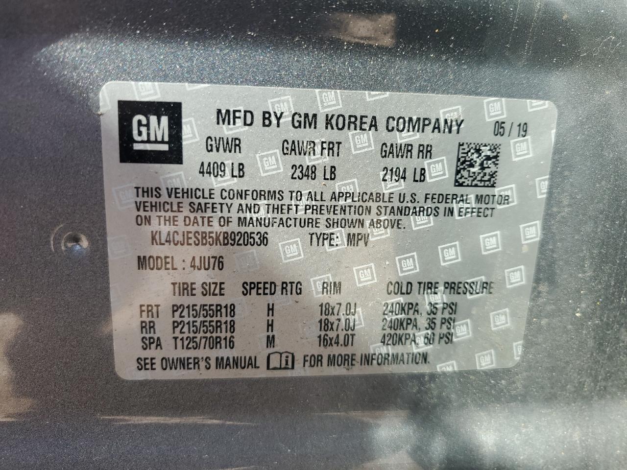 2019 Buick Encore Preferred VIN: KL4CJESB5KB920536 Lot: 70626265