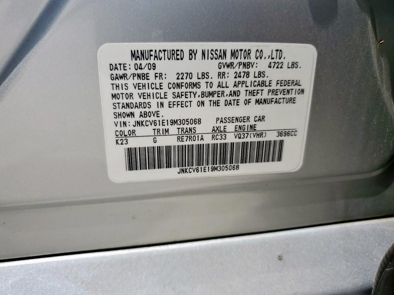 2009 Infiniti G37 Base VIN: JNKCV61E19M305068 Lot: 70484605