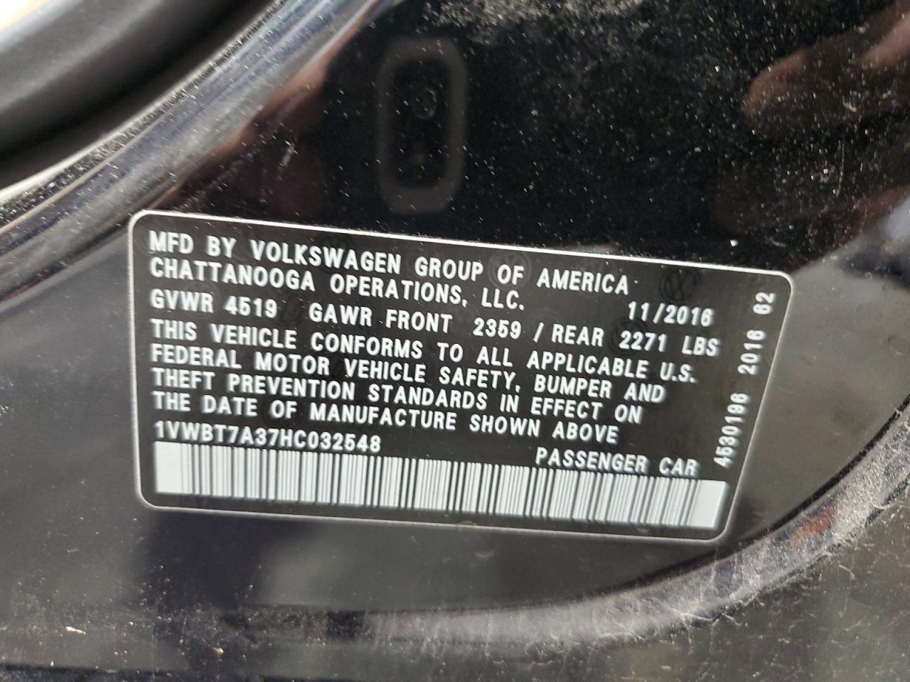 2017 Volkswagen Passat Se VIN: 1VWBT7A37HC032548 Lot: 68357235