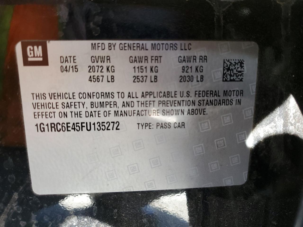 2015 Chevrolet Volt VIN: 1G1RC6E45FU135272 Lot: 69973245