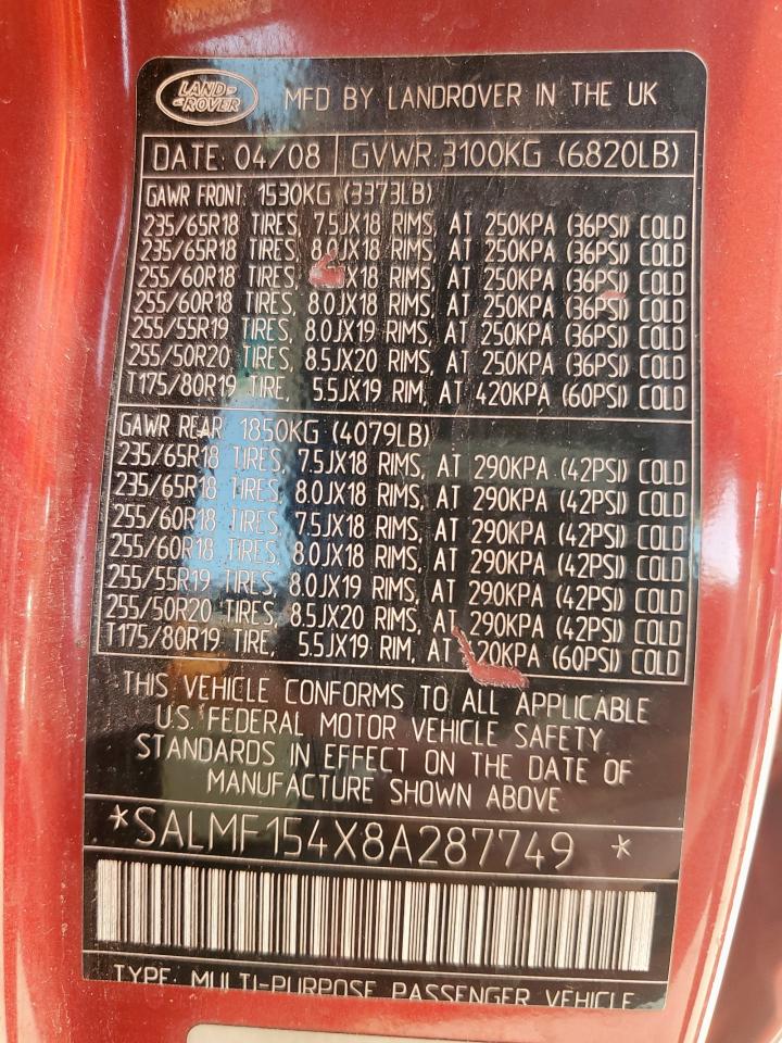 SALMF154X8A287749 2008 Land Rover Range Rover Hse