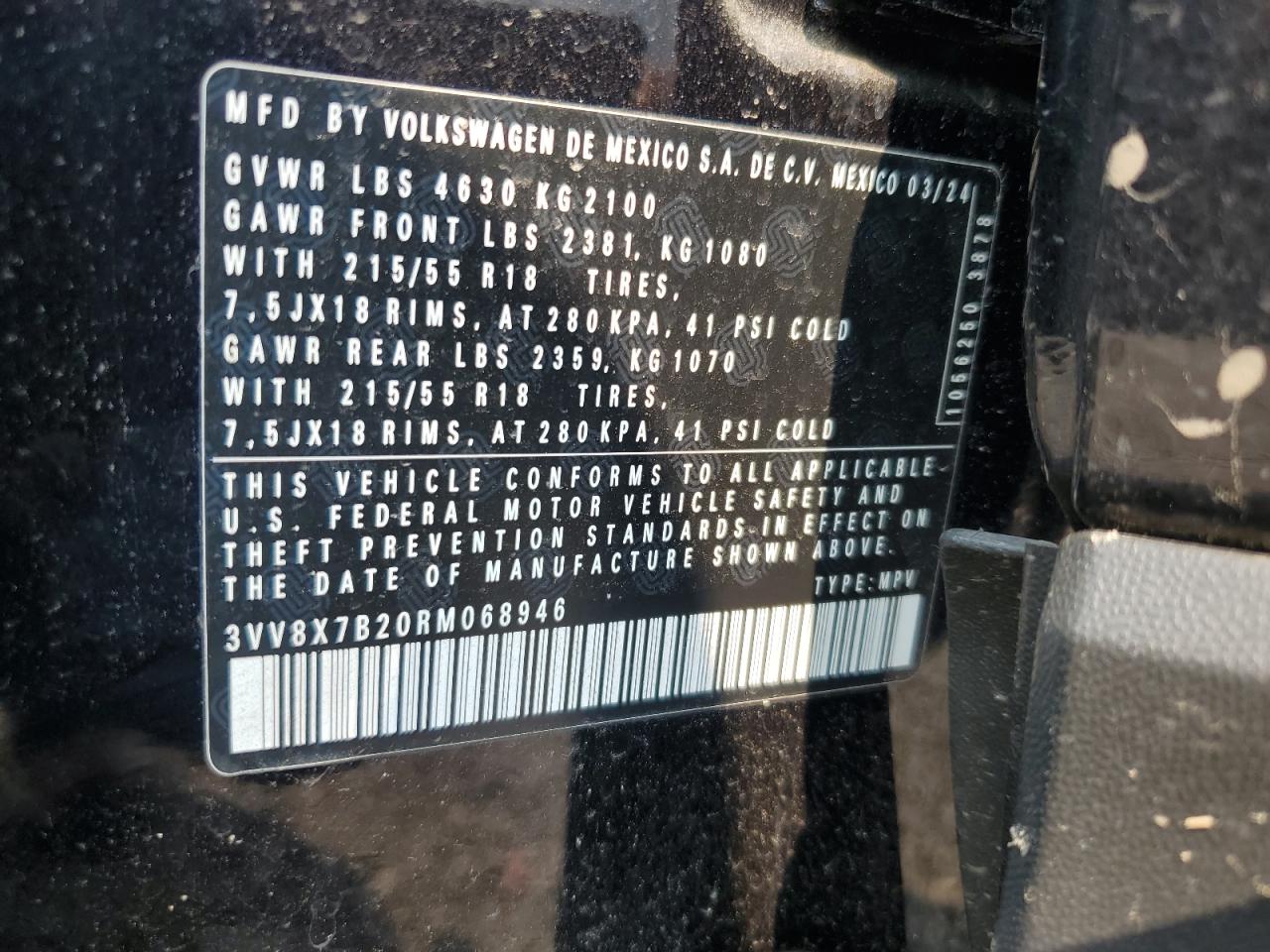 2024 Volkswagen Taos S VIN: 3VV8X7B20RM068946 Lot: 65984555