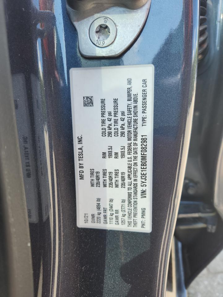 2021 Tesla Model 3 VIN: 5YJ3E1EB0MF082981 Lot: 70706615