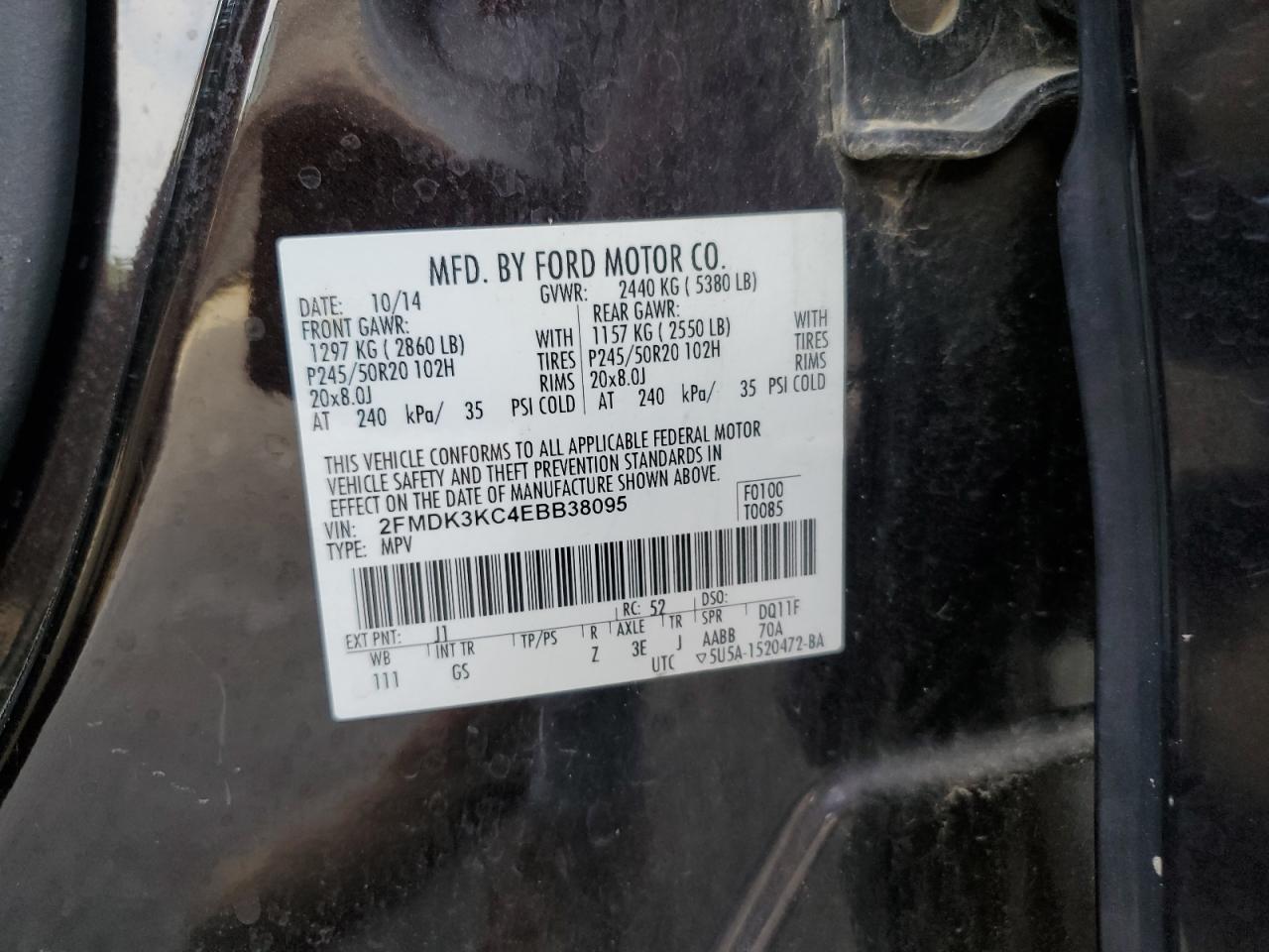 2014 Ford Edge Limited VIN: 2FMDK3KC4EBB38095 Lot: 70168795