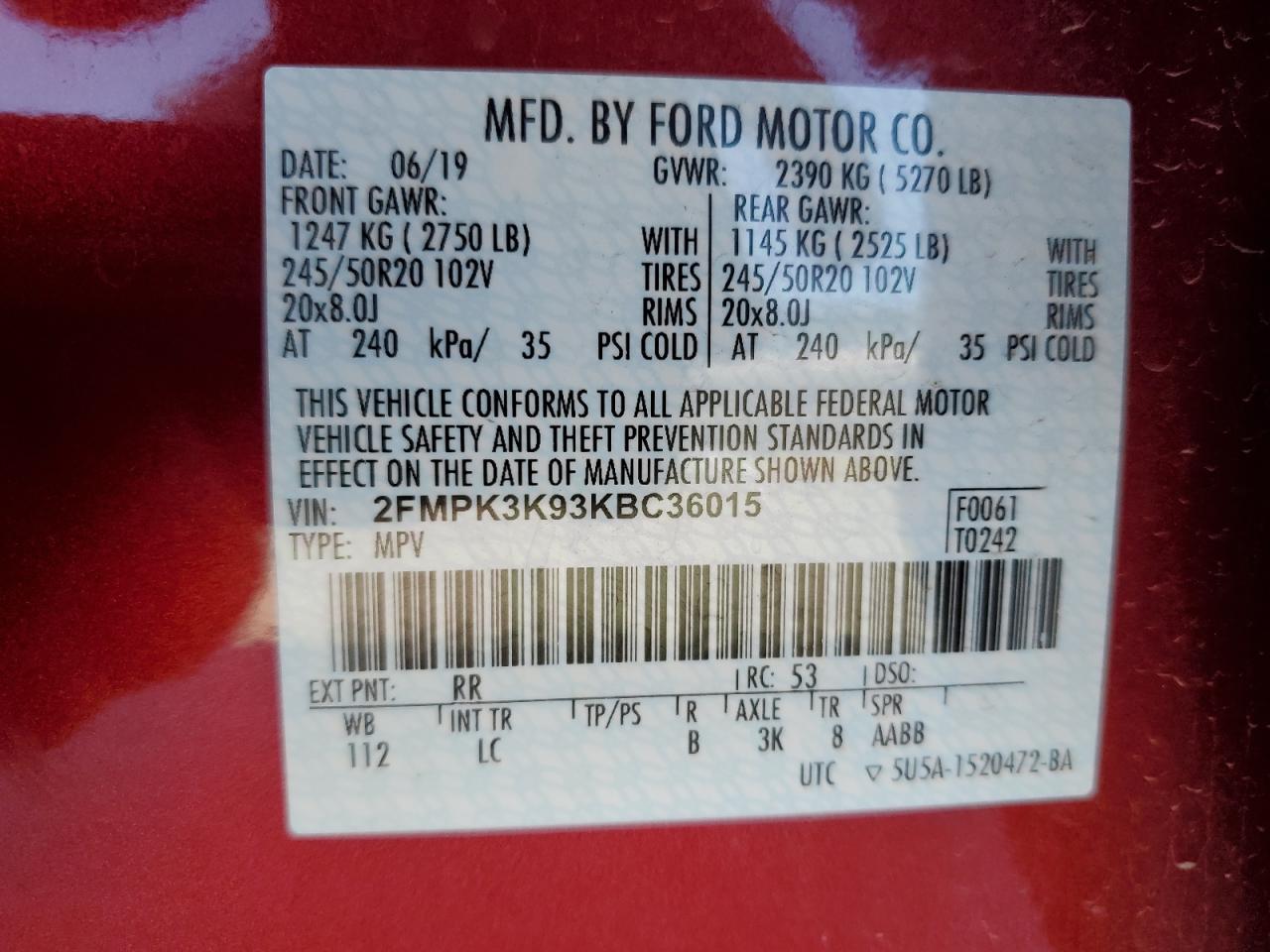 2019 Ford Edge Titanium VIN: 2FMPK3K93KBC36015 Lot: 68314375