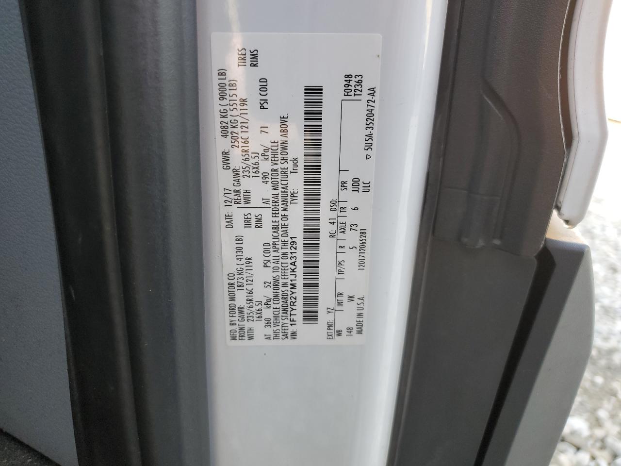 2018 Ford Transit T-250 VIN: 1FTYR2YM1JKA31291 Lot: 67435595