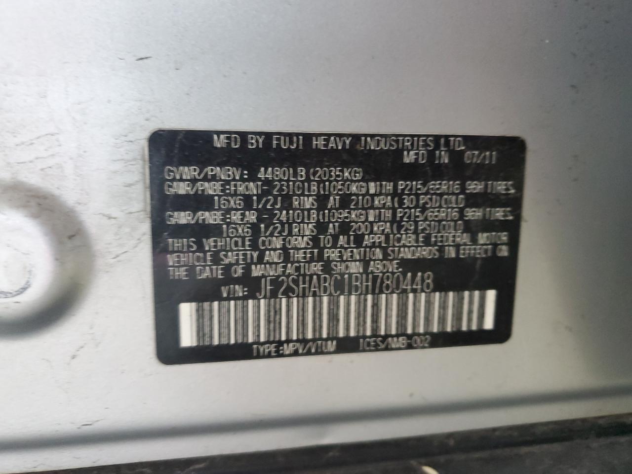 2011 Subaru Forester 2.5X VIN: JF2SHABC1BH780448 Lot: 70485135