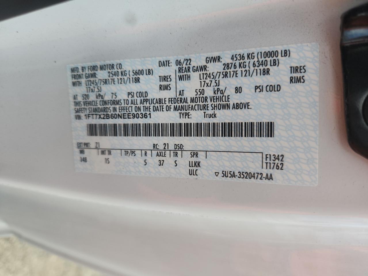 2022 Ford F250 Super Duty VIN: 1FT7X2B60NEE90361 Lot: 70655705