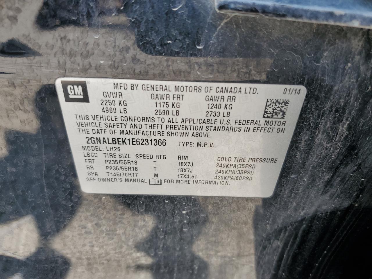 2GNALBEK1E6231366 2014 Chevrolet Equinox Lt