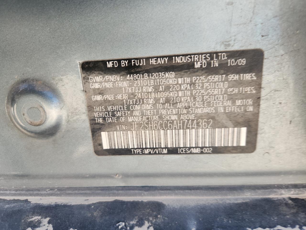 2010 Subaru Forester 2.5X Premium VIN: JF2SH6CC6AH744362 Lot: 67551025