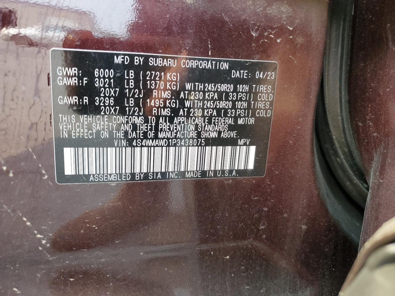 2023 Subaru Ascent Touring VIN: 4S4WMAWD1P3438075 Lot: 67175745