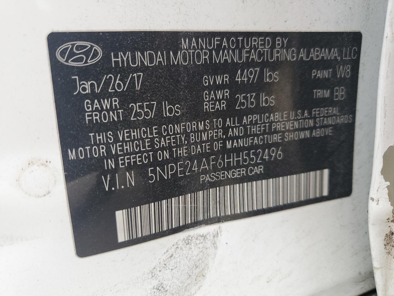 2017 Hyundai Sonata Se VIN: 5NPE24AF6HH552496 Lot: 69009315