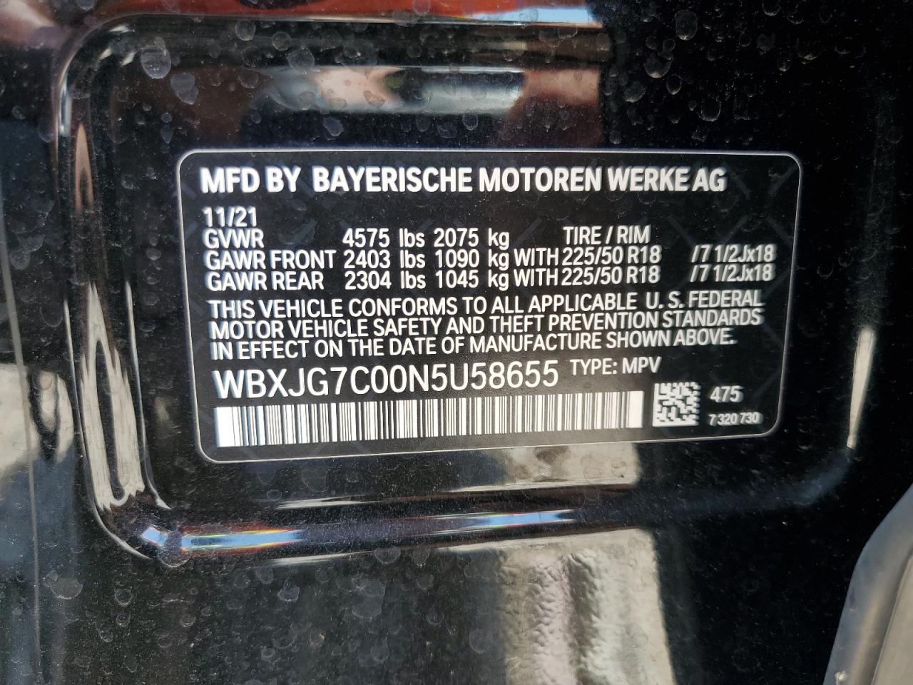 2022 BMW X1 Sdrive28I VIN: WBXJG7C00N5U58655 Lot: 67052045