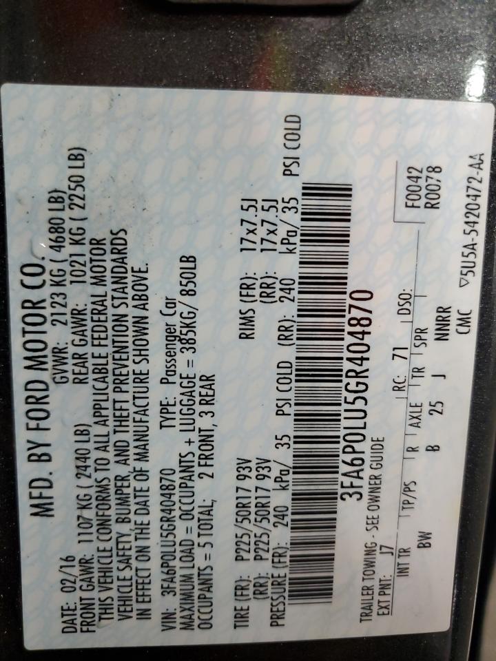 2016 Ford Fusion Se Hybrid VIN: 3FA6P0LU5GR404870 Lot: 69613775