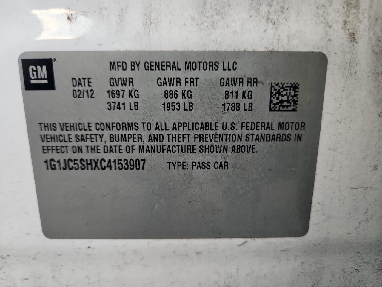 2012 Chevrolet Sonic Lt VIN: 1G1JC5SHXC4153907 Lot: 69930285