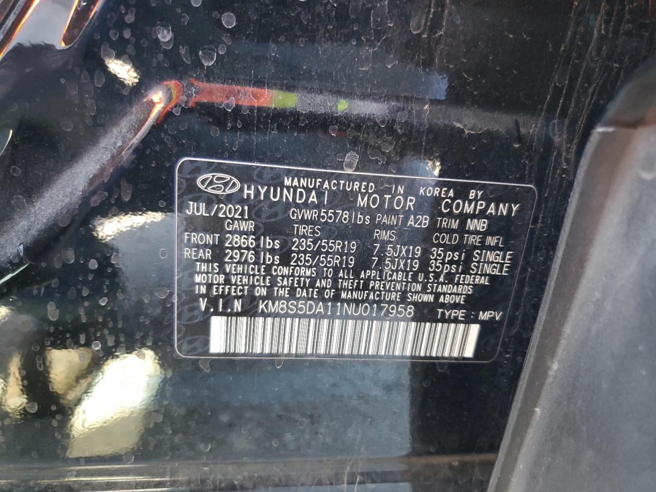 2022 Hyundai Santa Fe Limited VIN: KM8S5DA11NU017958 Lot: 69091265