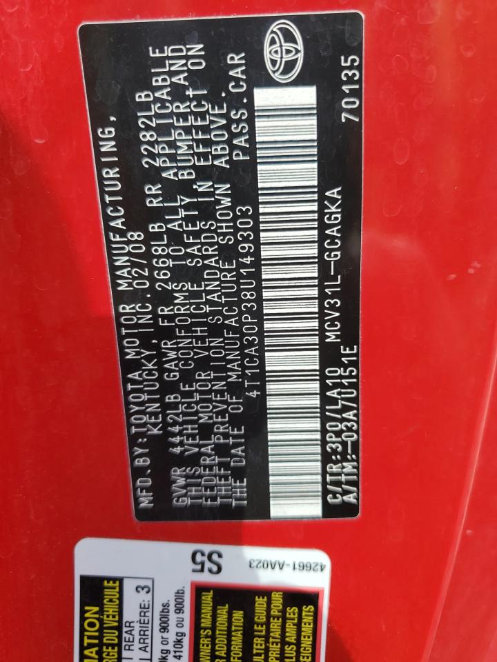 2008 Toyota Camry Solara Se VIN: 4T1CA30P38U149303 Lot: 70114565