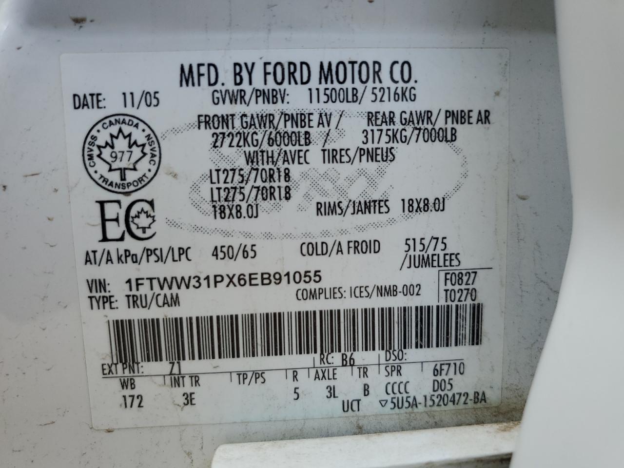 2006 Ford F350 Srw Super Duty VIN: 1FTWW31PX6EB91055 Lot: 69129655