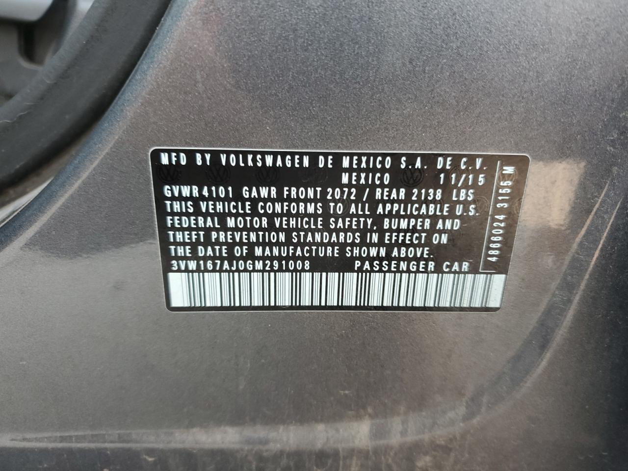 2016 Volkswagen Jetta S VIN: 3VW167AJ0GM291008 Lot: 70342105