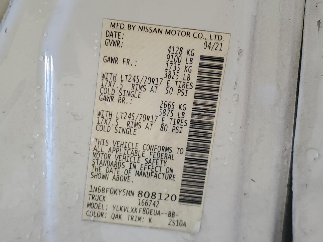 2021 Nissan Nv 2500 S VIN: 1N6BF0KY5MN808120 Lot: 93966205