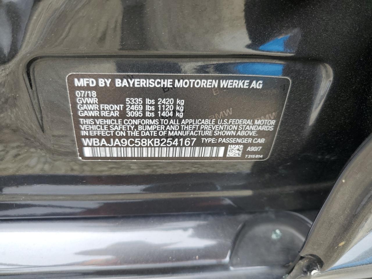 2019 BMW 530E VIN: WBAJA9C58KB254167 Lot: 70683805