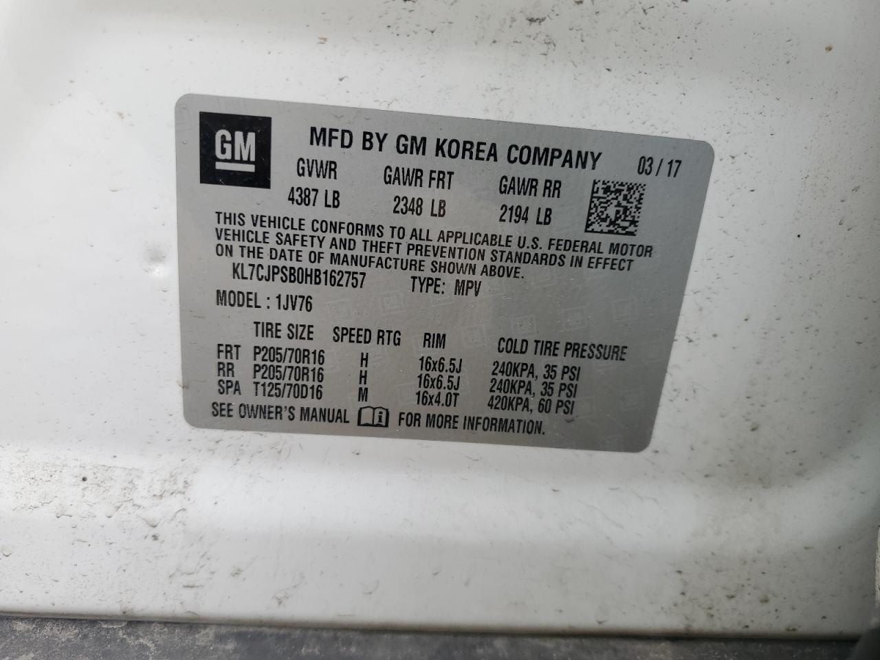 2017 Chevrolet Trax 1Lt VIN: KL7CJPSB0HB162757 Lot: 69766865