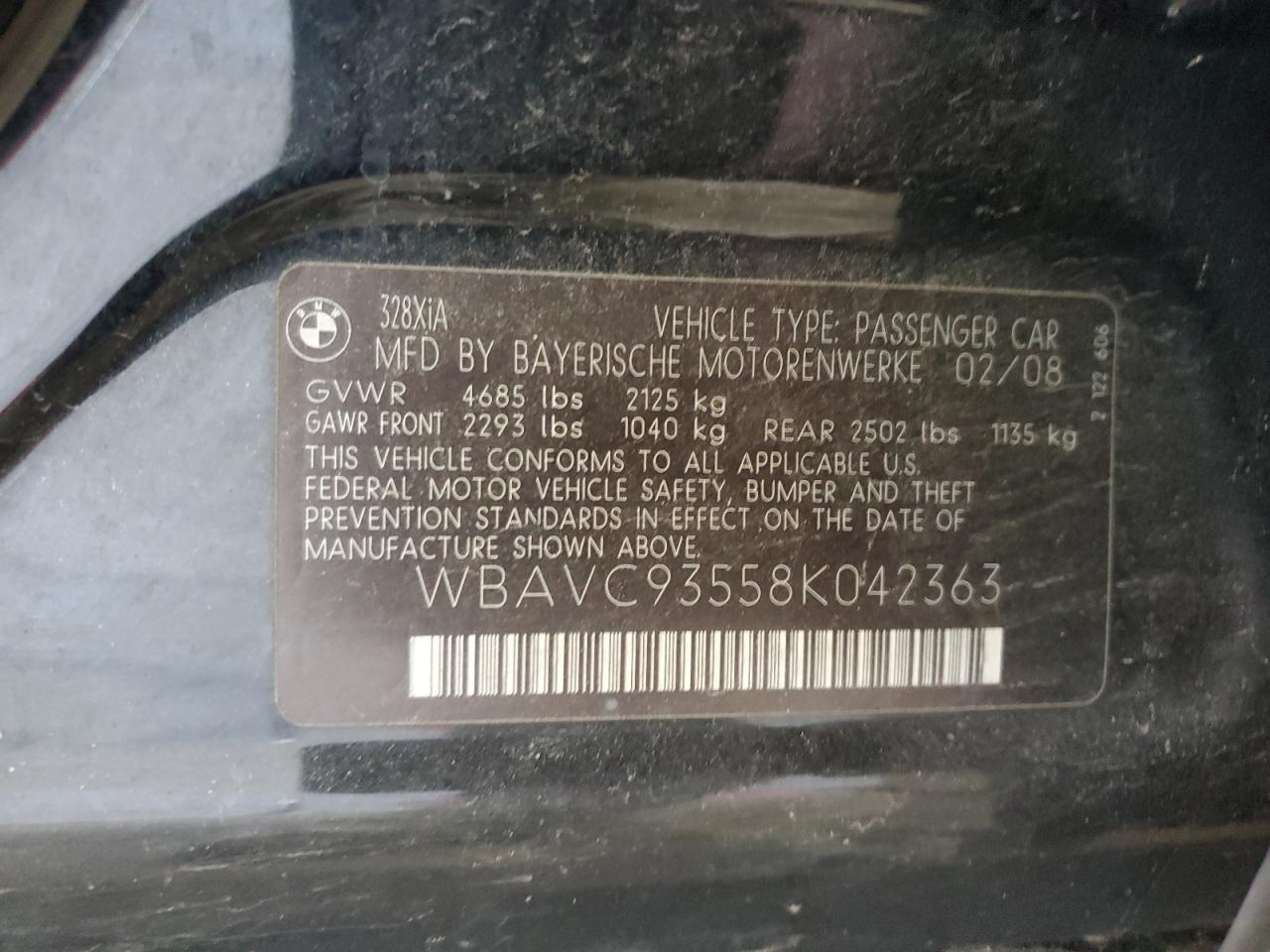 2008 BMW 328 Xi VIN: WBAVC93558K042363 Lot: 69029825