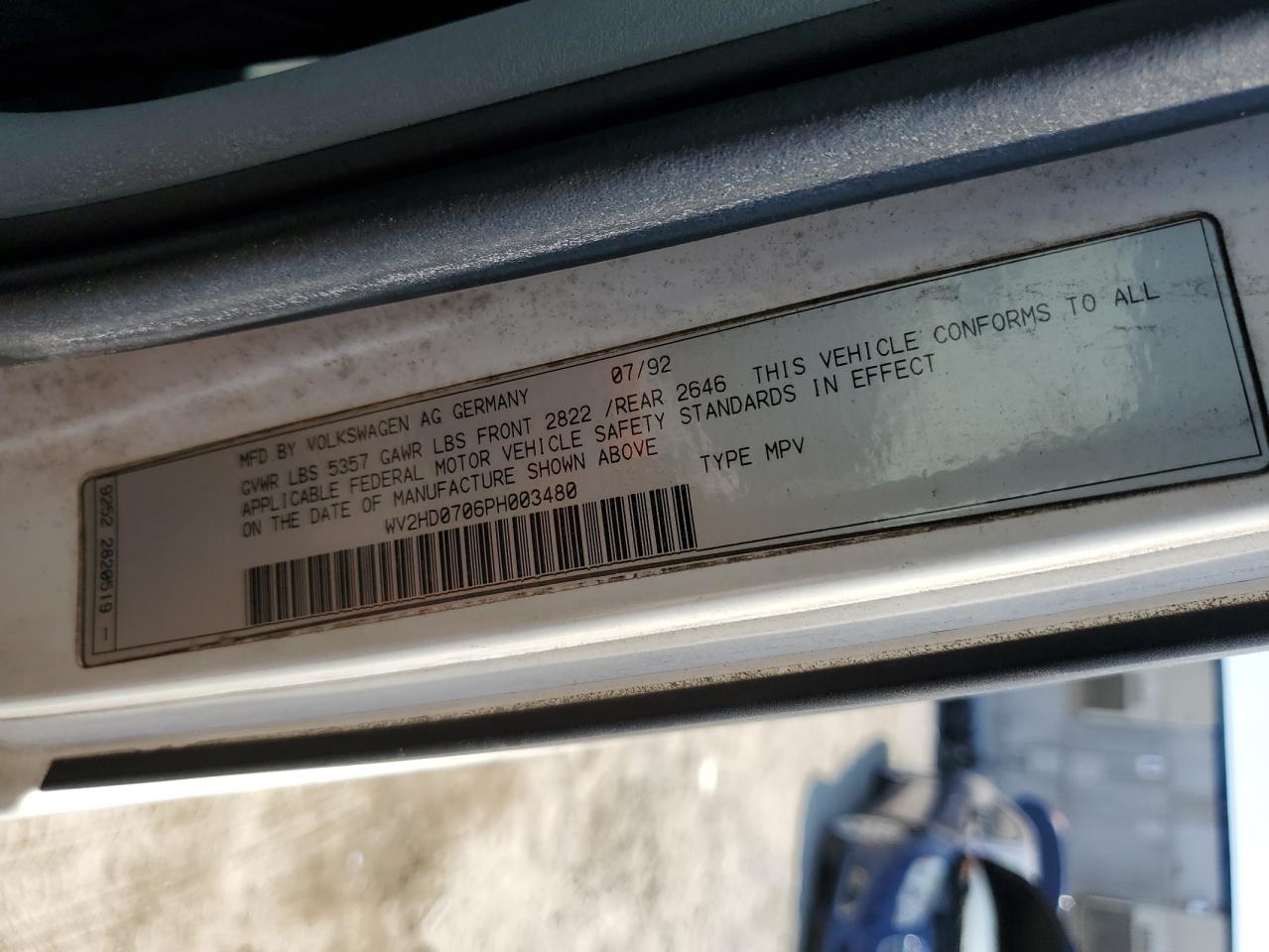 1993 Volkswagen Eurovan Cl VIN: WV2HD0706PH003480 Lot: 68980015