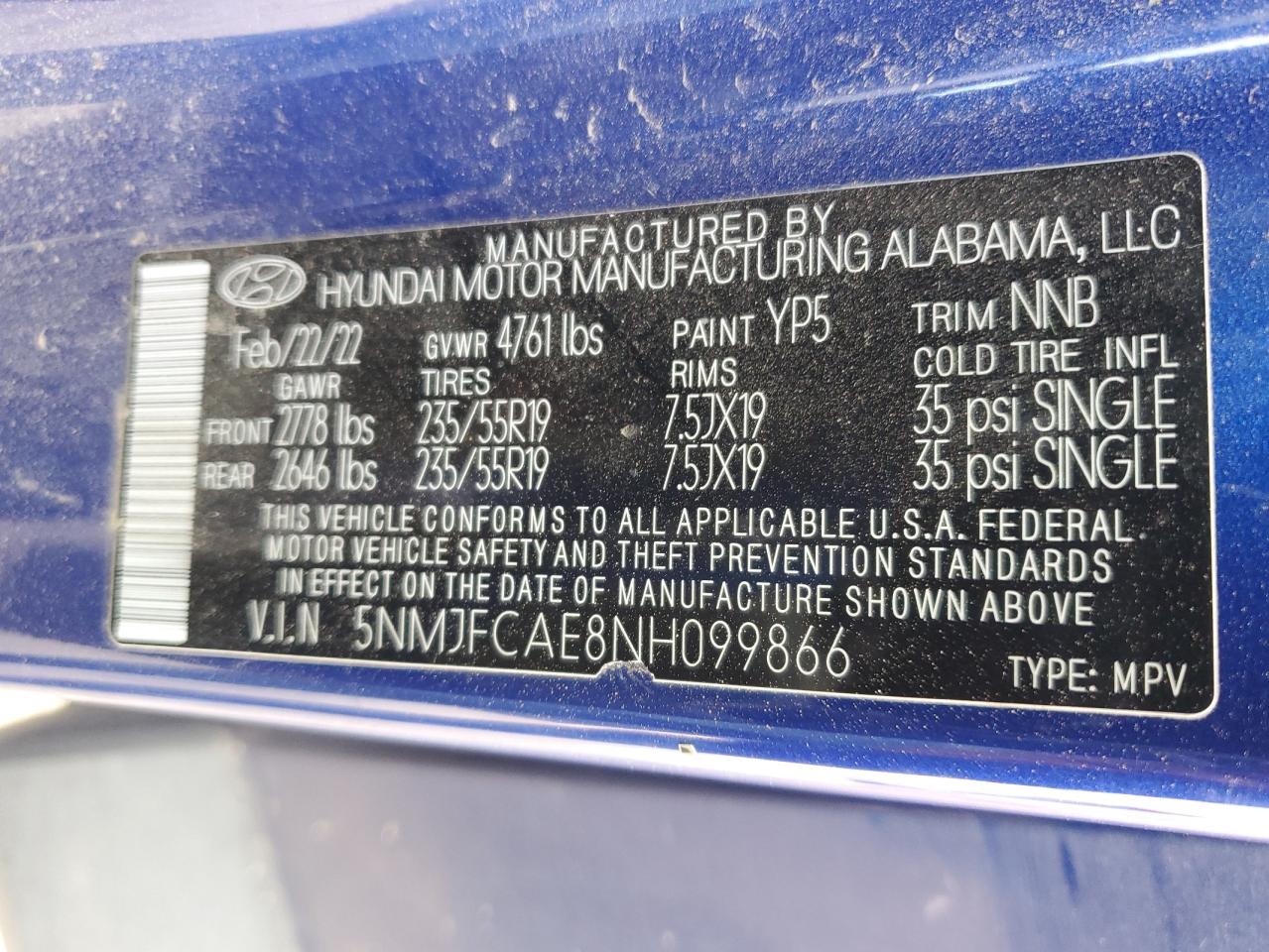 2022 Hyundai Tucson Sel VIN: 5NMJFCAE8NH099866 Lot: 70385555