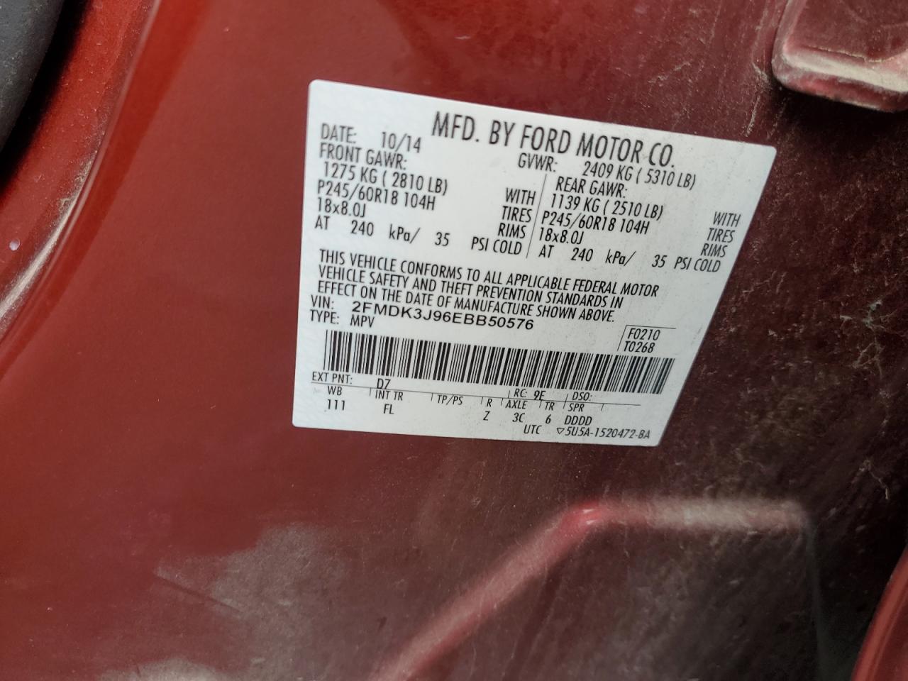 2014 Ford Edge Sel VIN: 2FMDK3J96EBB50576 Lot: 67866935