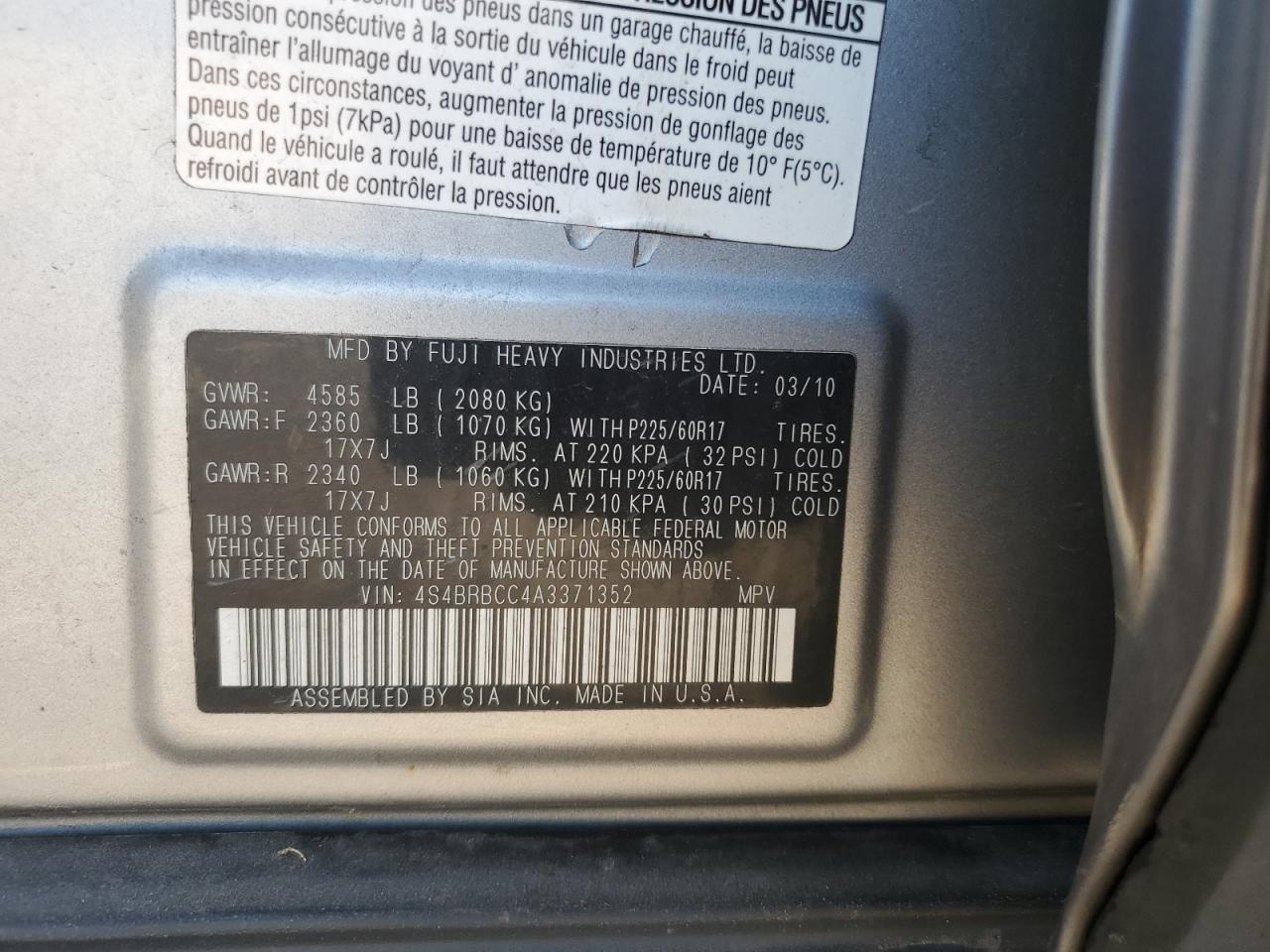 2010 Subaru Outback 2.5I Premium VIN: 4S4BRBCC4A3371352 Lot: 68126395